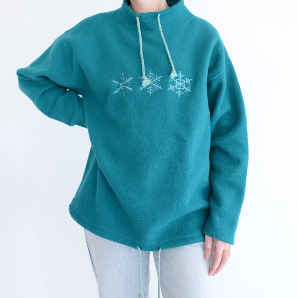 Vintage Cabin Creek Teal Embroider Snowflake Christmas Pullover Fleece Sweater M